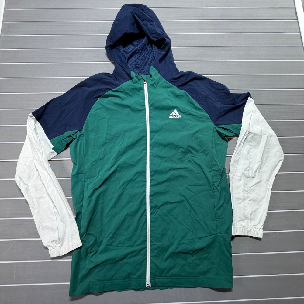 Adidas Womens Colorblock Hooded Windbreaker Green Navy White M